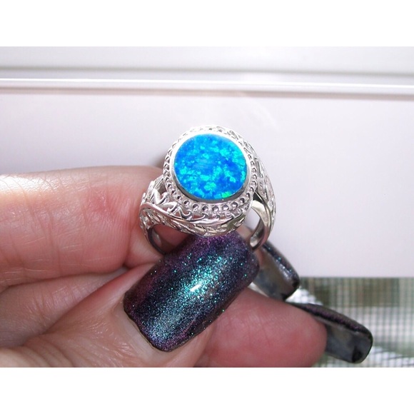925 STERLING SILVER Lab Created Blue Fire Opal Ring - Picture 9 of 15